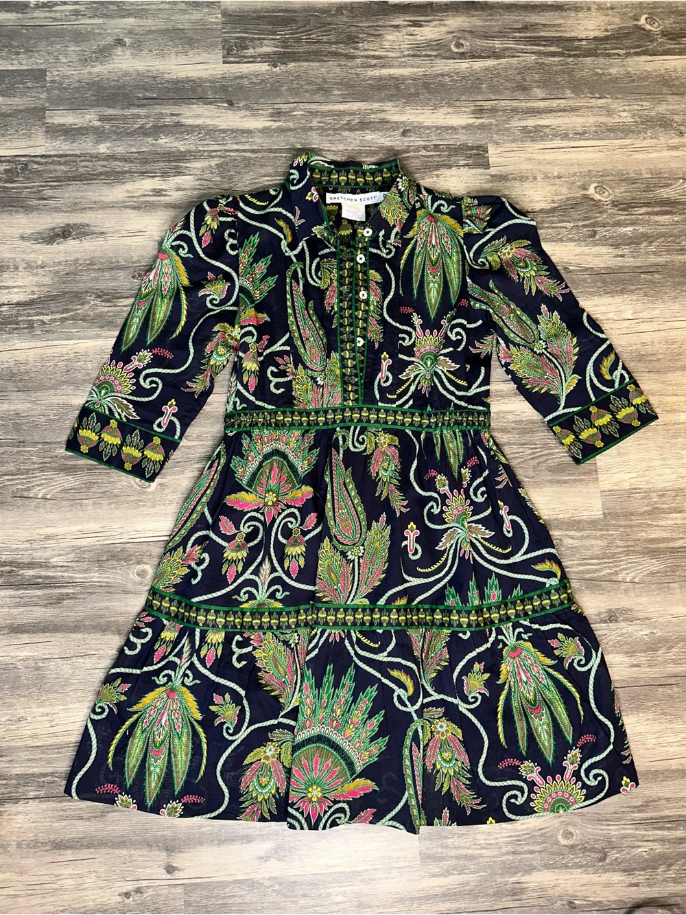 Gretchen Scott “The Damsel Dress” Plume Print Navy Multi XS NWT Shirt Dress
